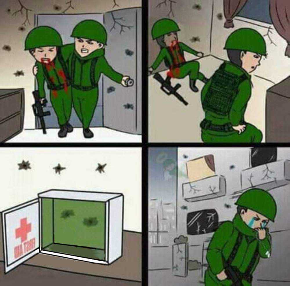 cartoon of a soldier in a green uniform is trying to get a medicine