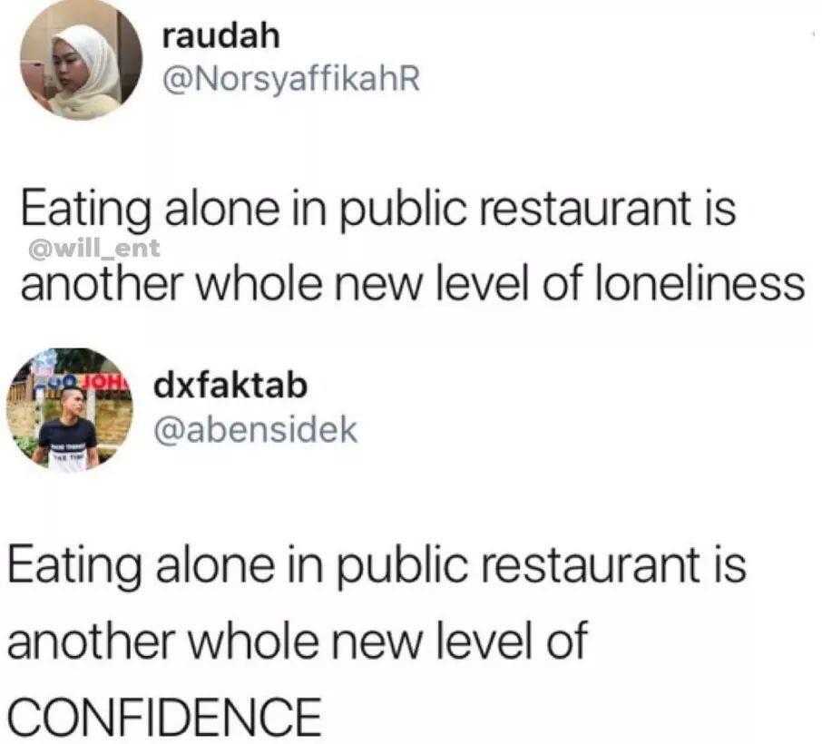 a screenshot of a twee with a man eating alone in public restaurant