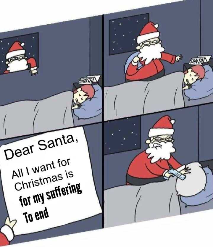 cartoon of santa claus sitting on a bed with a sign saying dear santa all i want for christmas is for