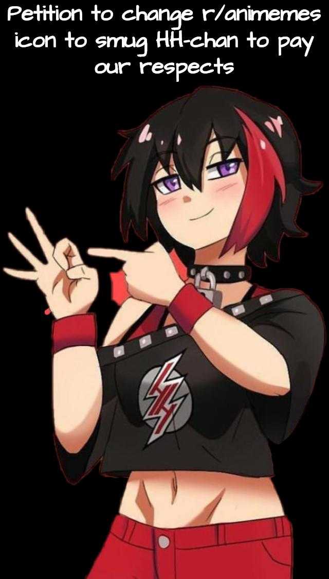 anime girl with red hair and black shirt holding up two fingers