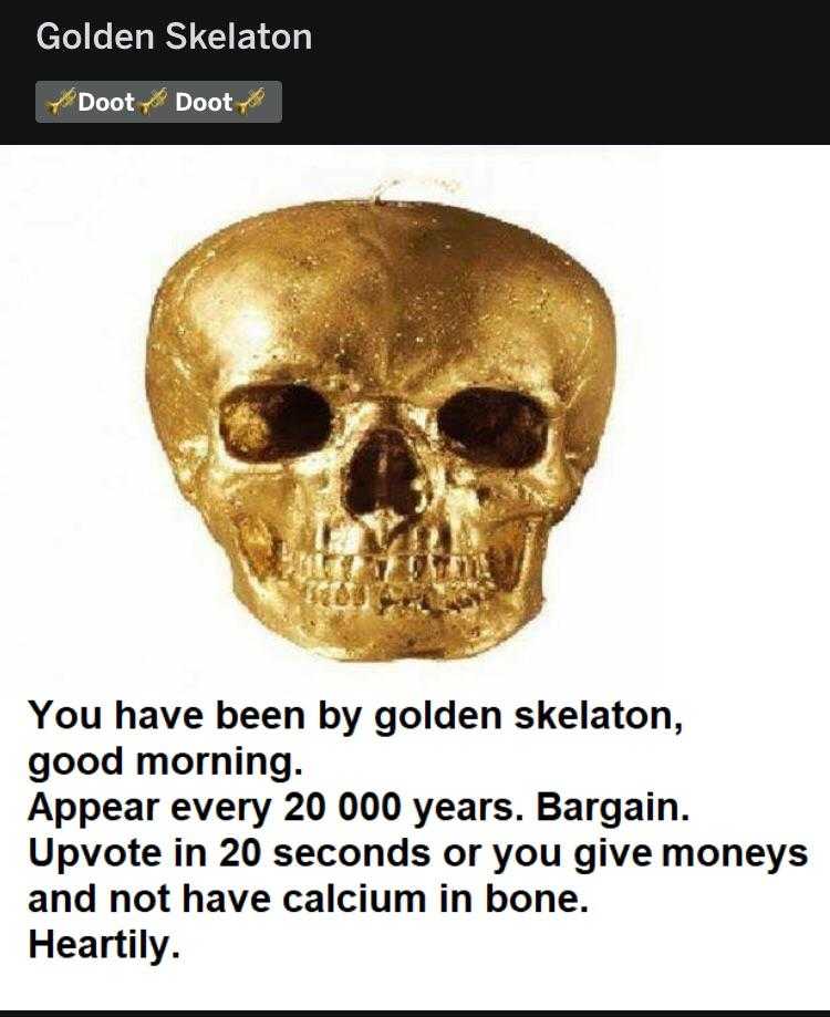 a close up of a gold skull with a caption of a quote