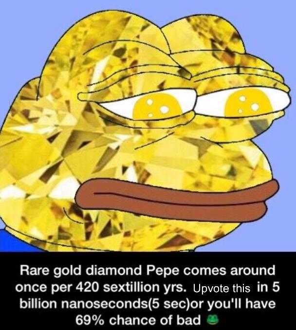 a cartoon picture of a yellow diamond pepe is sitting on a table