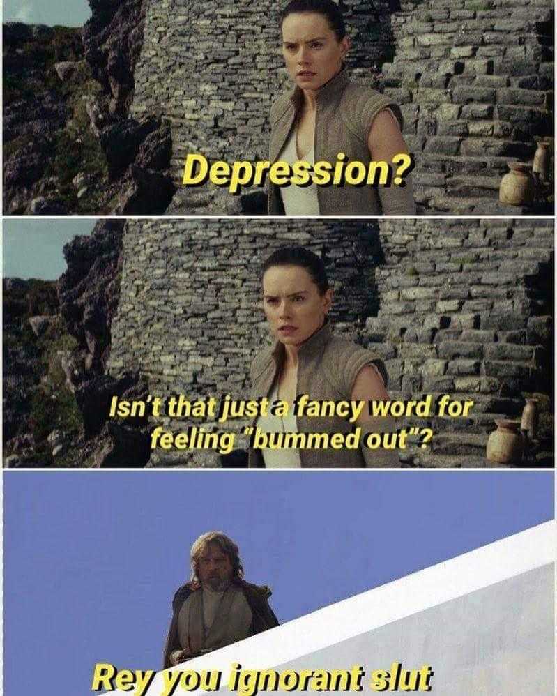 a picture of a woman in a star wars scene with a caption that reads depression?