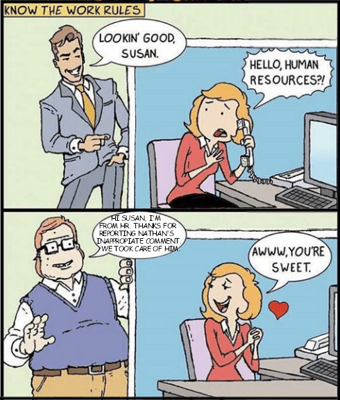 a cartoon of a woman talking to a man about her work