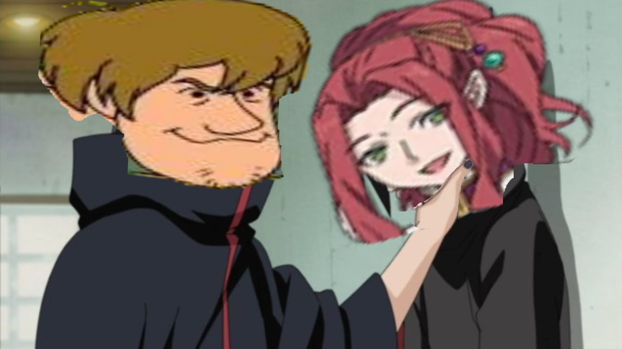 anime image of a man and woman with red hair and a black hoodie