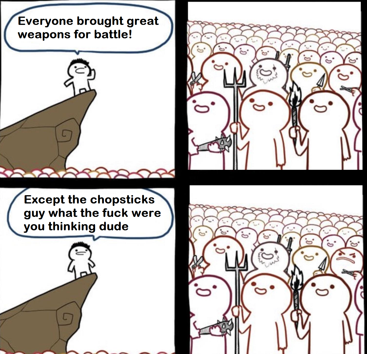 a cartoon of a man standing on a cliff with a bunch of people