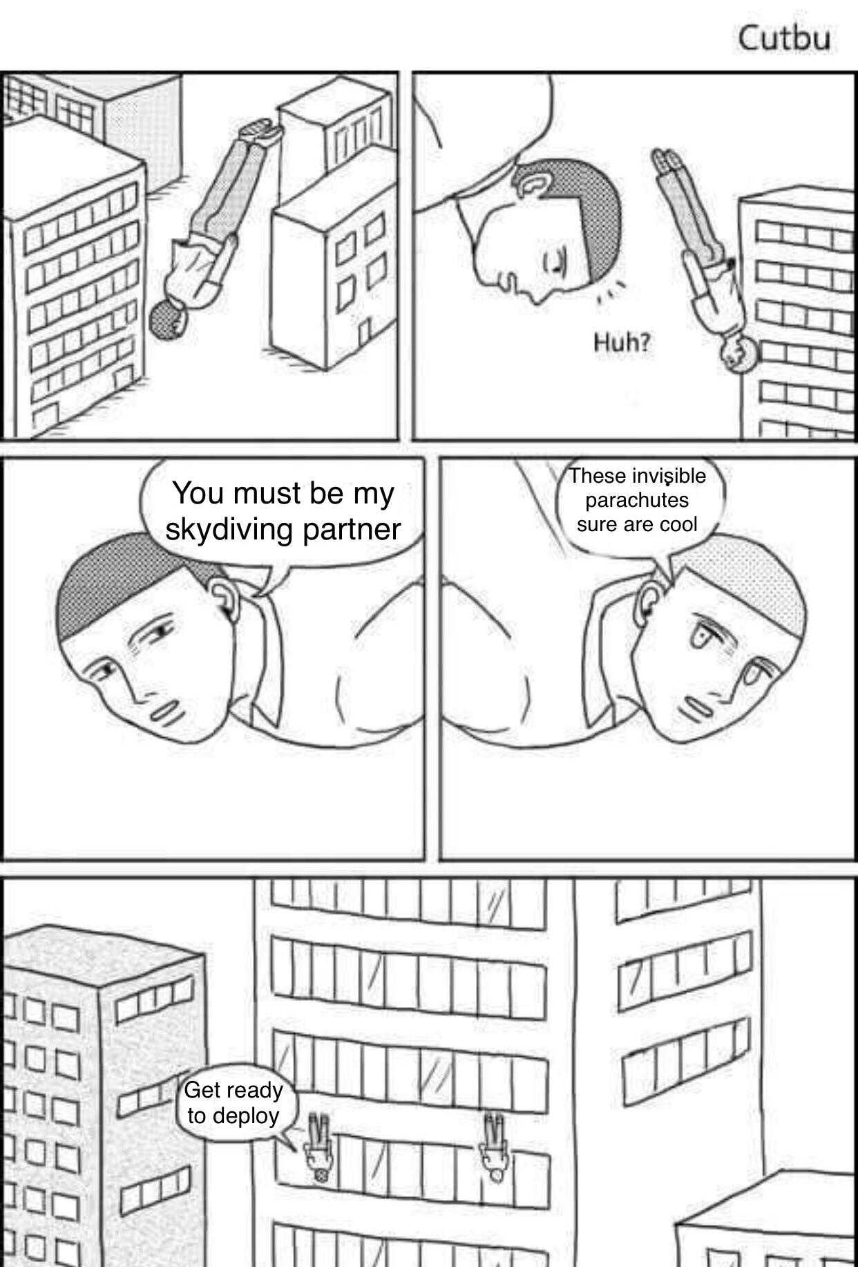 a comic strip with a cartoon of a man in a helmet and a building