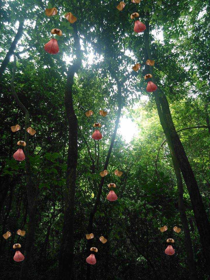 there are many pink and yellow flowers hanging from the trees