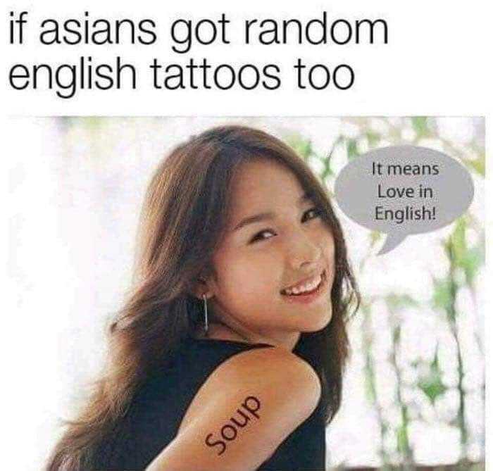 asian girl with a tattoo on her arm saying if asians got random english tattoos to