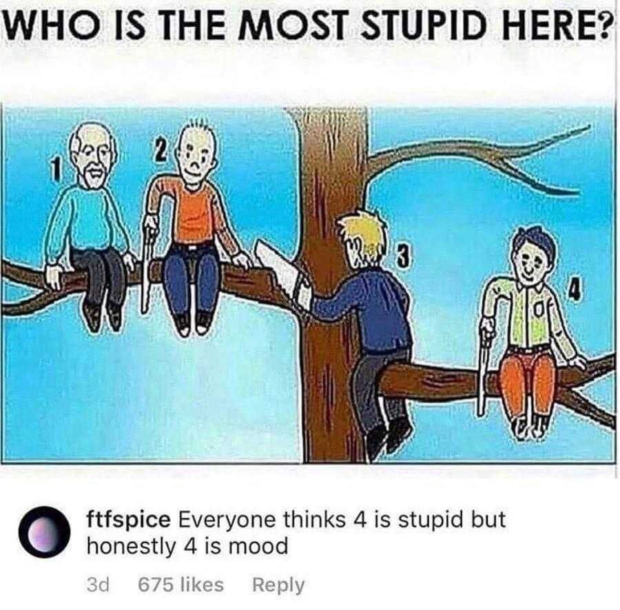 cartoon of three men sitting on a tree with a caption of who is the most stupid here?