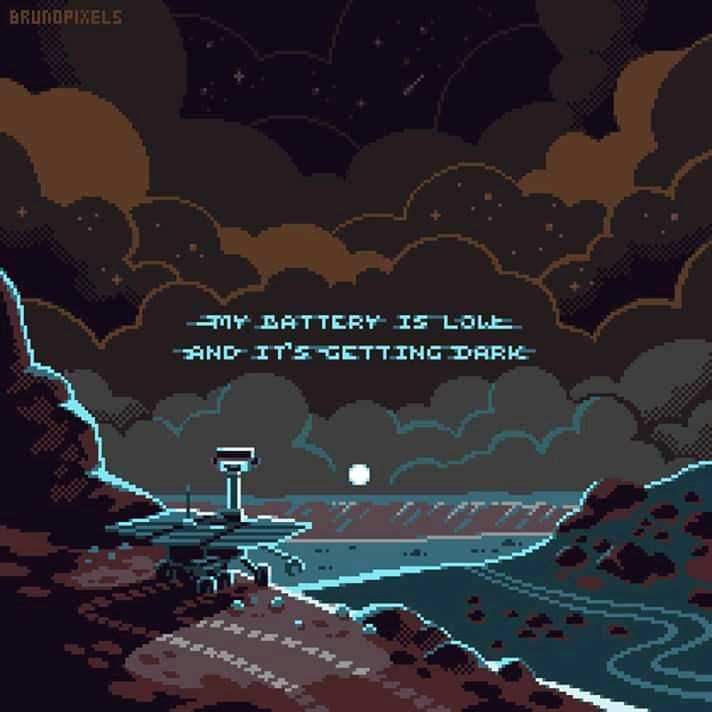 a screenshot of a pixel style video game with a dark sky and a river