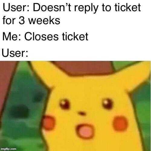 a cartoon image of a pikachu with a text that reads user doesn ' t reply to ticket for