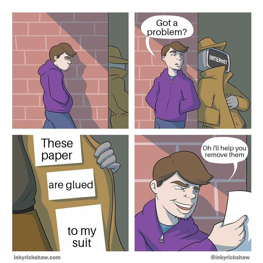 a cartoon of a man in a purple shirt is holding a paper