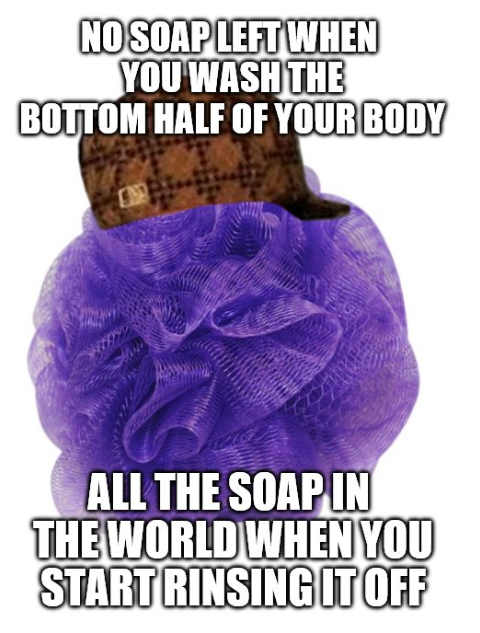 a close up of a purple bath ball with a caption saying, no soap left when bottom half of