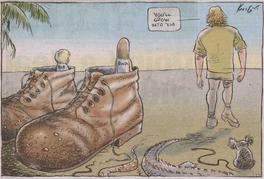 cartoon of a man walking past a pair of shoes with a snake on the ground