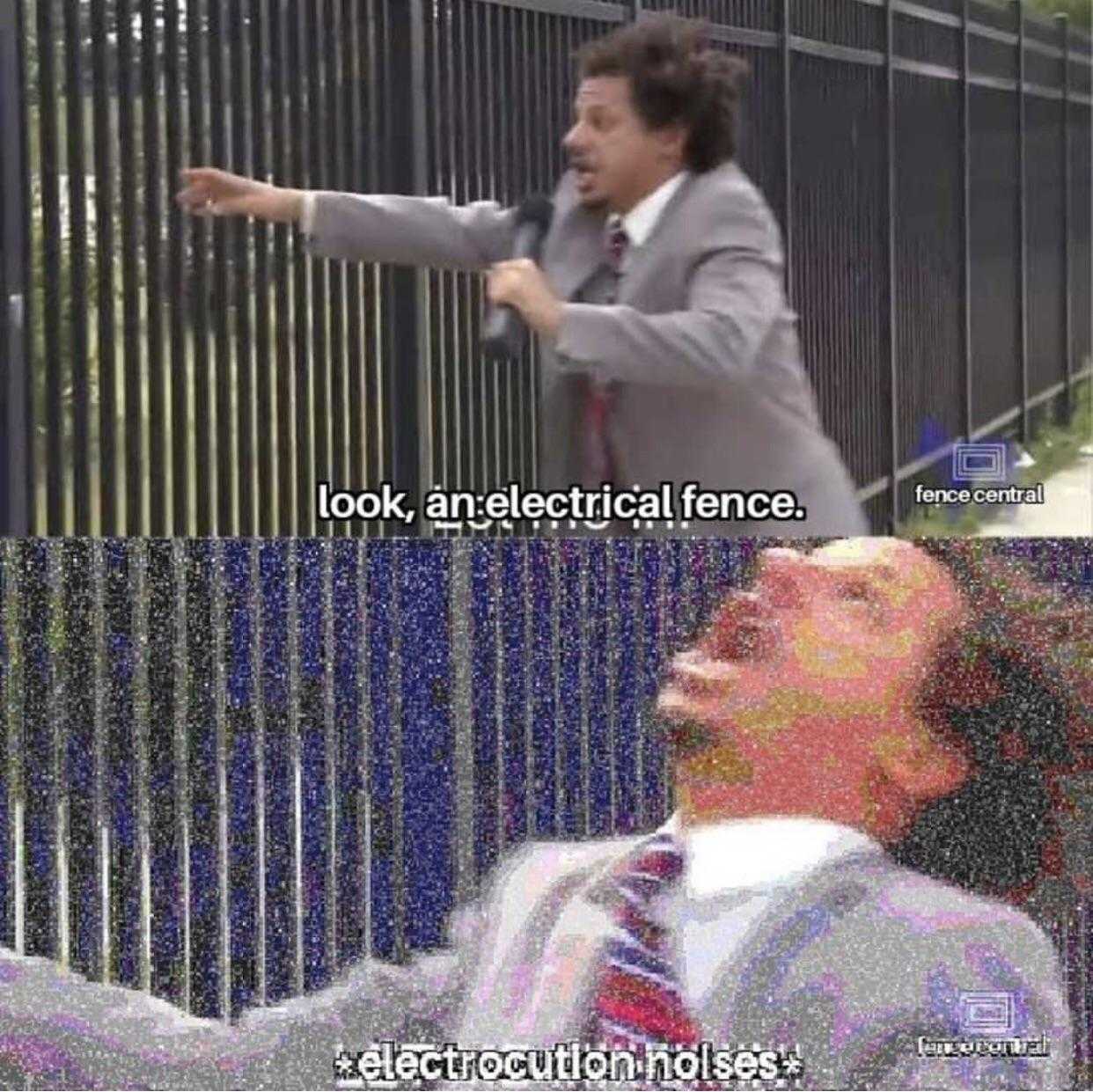 there is a man in a suit pointing at a fence