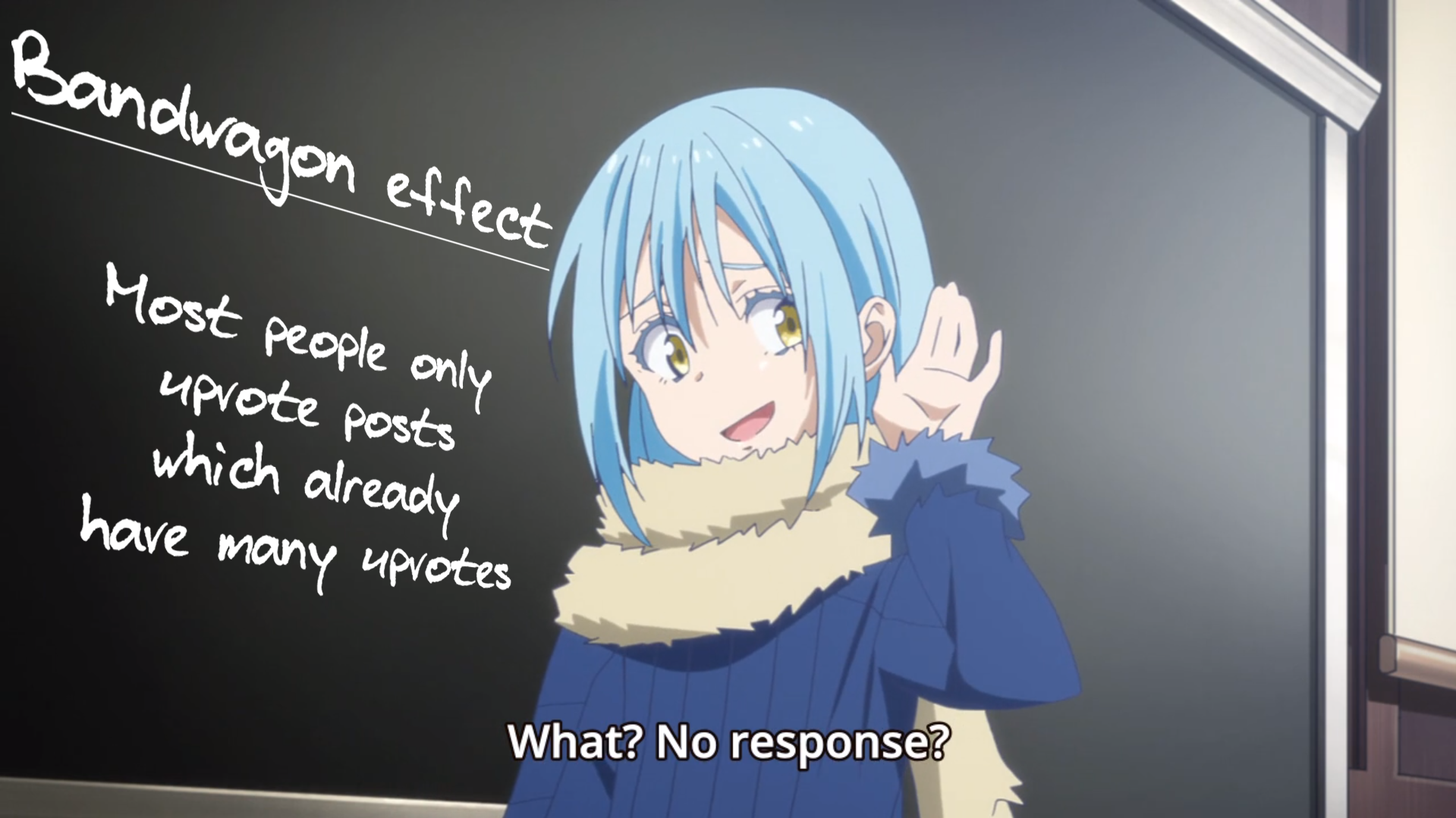 anime character with blue hair and blue eyes standing in front of a blackboard