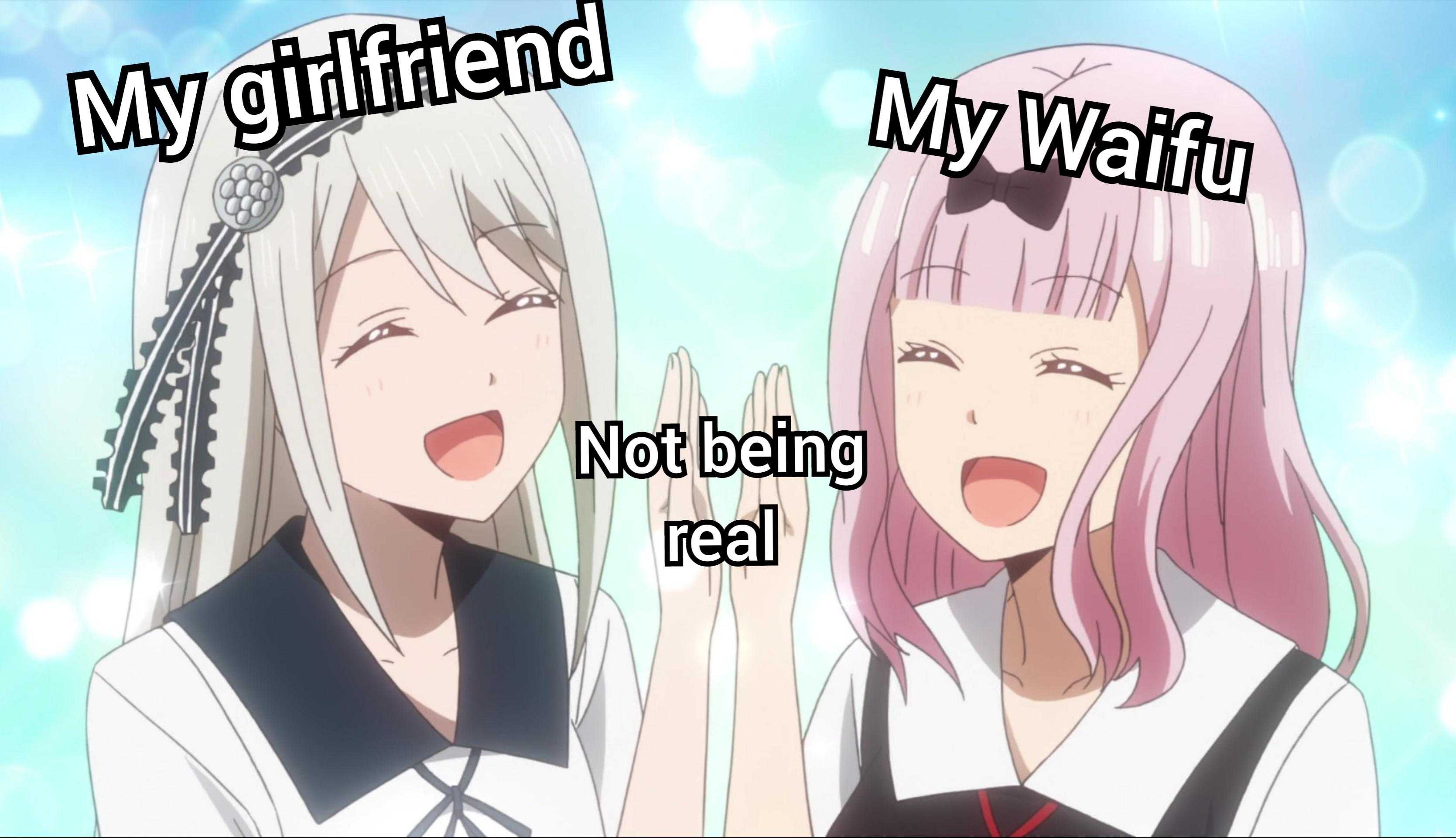 anime characters with caption saying my girlfriend, my wife, not being real