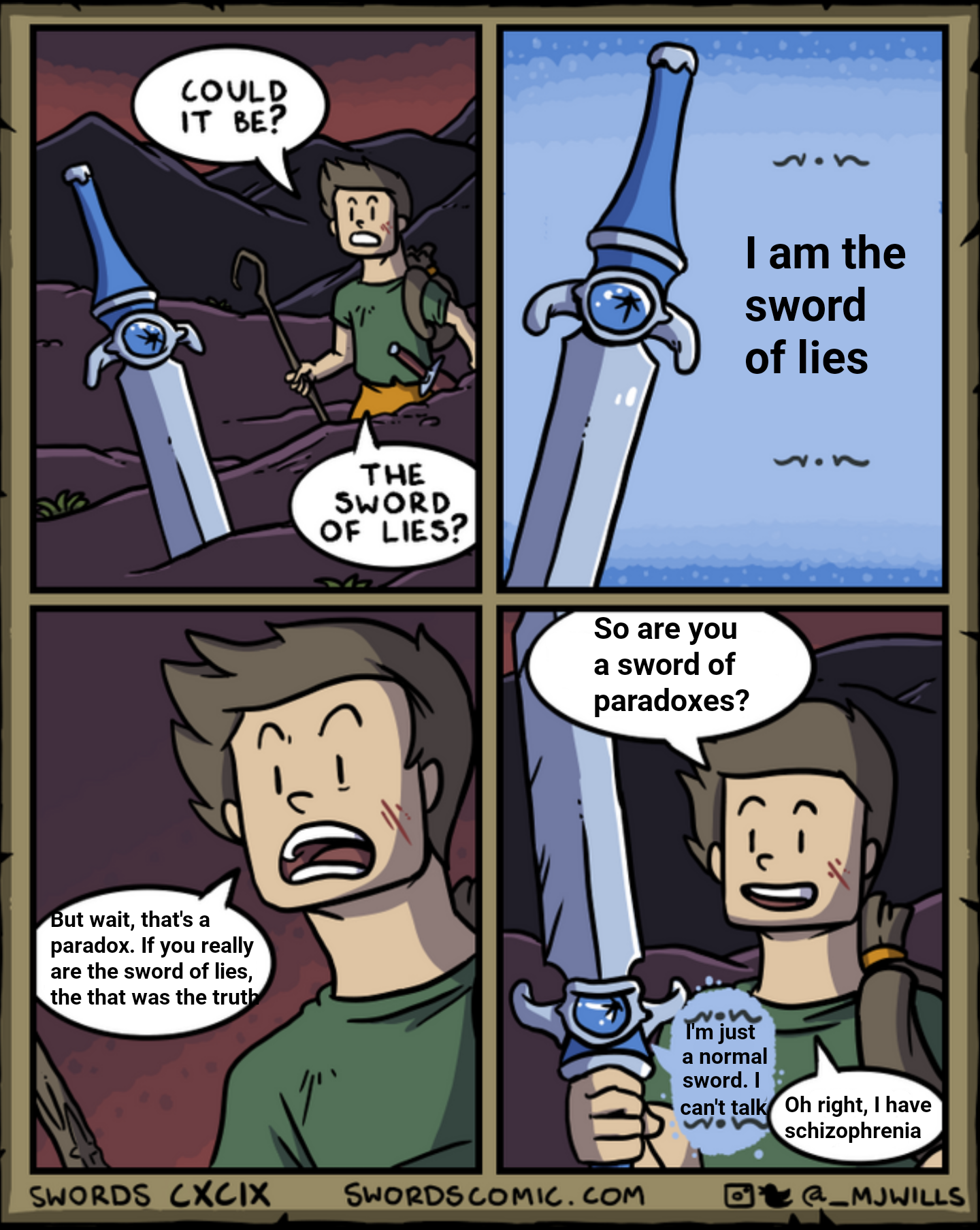 a cartoon comic strip with a man holding a sword and a woman