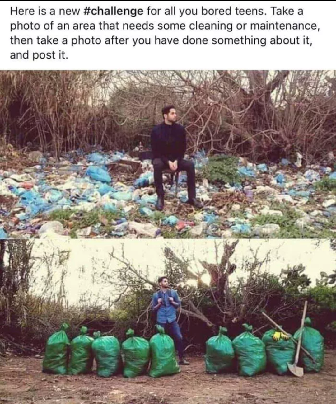 a couple of pictures of a man sitting on a pile of garbage