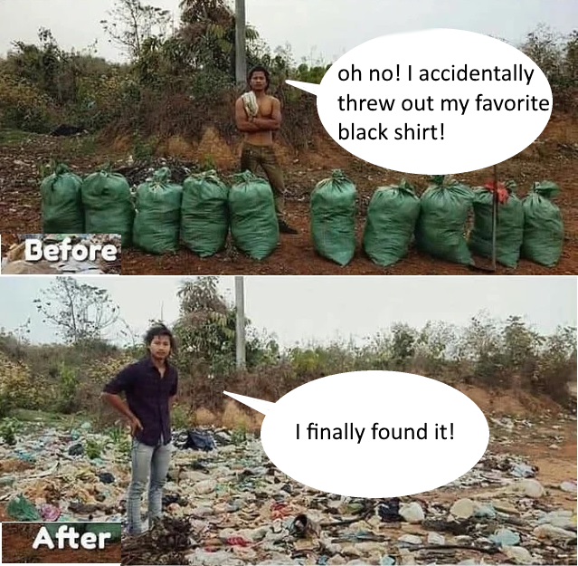 there are two pictures of a man standing in front of a pile of garbage