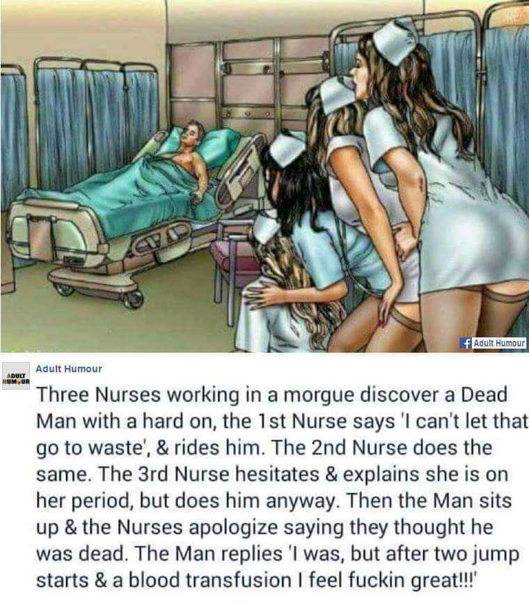 cartoon of nurses working in a nurse ' s room with a dead man