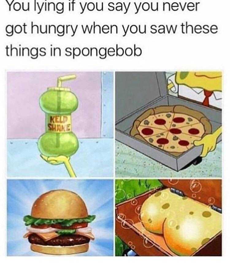 a cartoon picture of a pizza and a sandwich with a spongebob on it