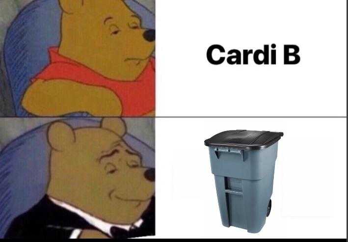 a close up of a cartoon bear sitting next to a trash can