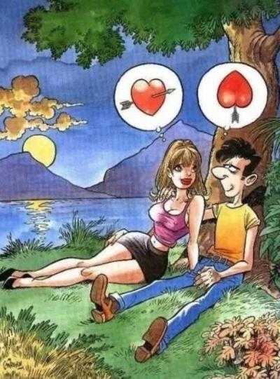 cartoon of a couple sitting under a tree with hearts floating above them