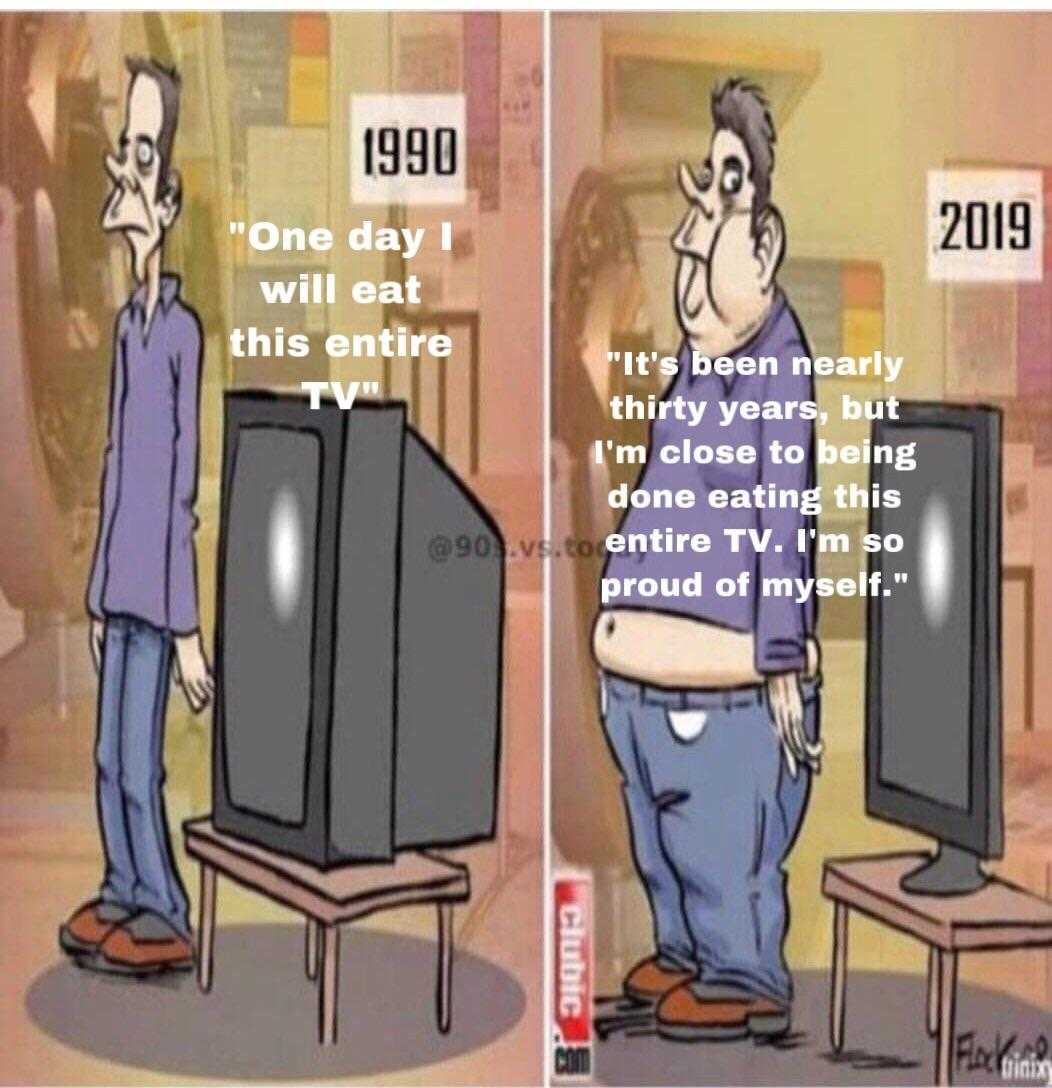 cartoon of a man standing in front of a tv with a caption of the same time