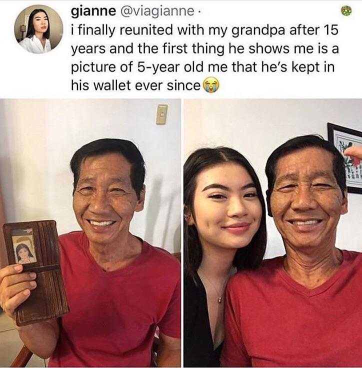 araffed man and woman taking a selfie with a picture of their grandfather