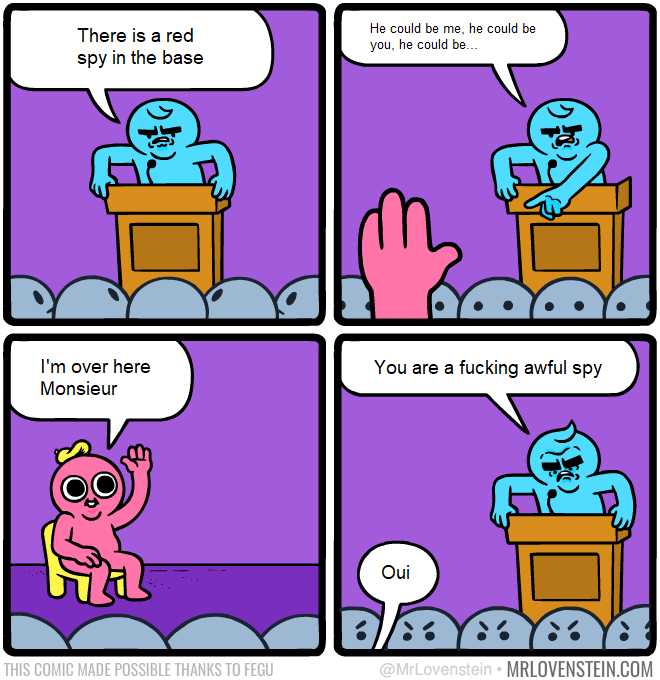 a cartoon of a man sitting at a table with a pink monster on it