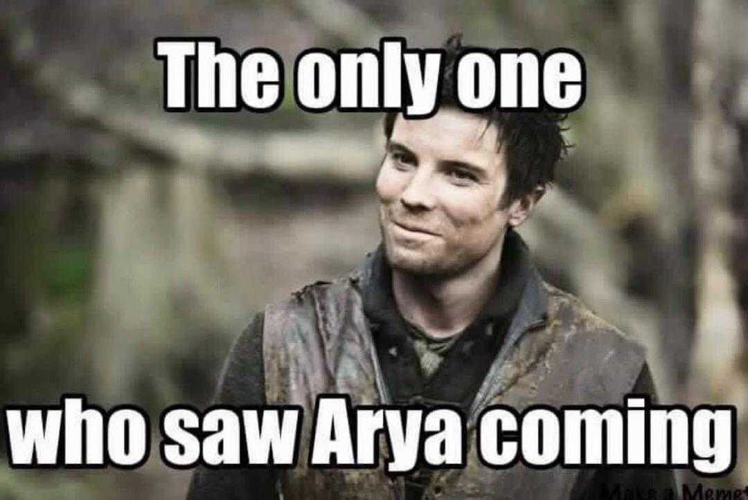 a man in a vest and vest with a caption saying the only one who saw arya coming