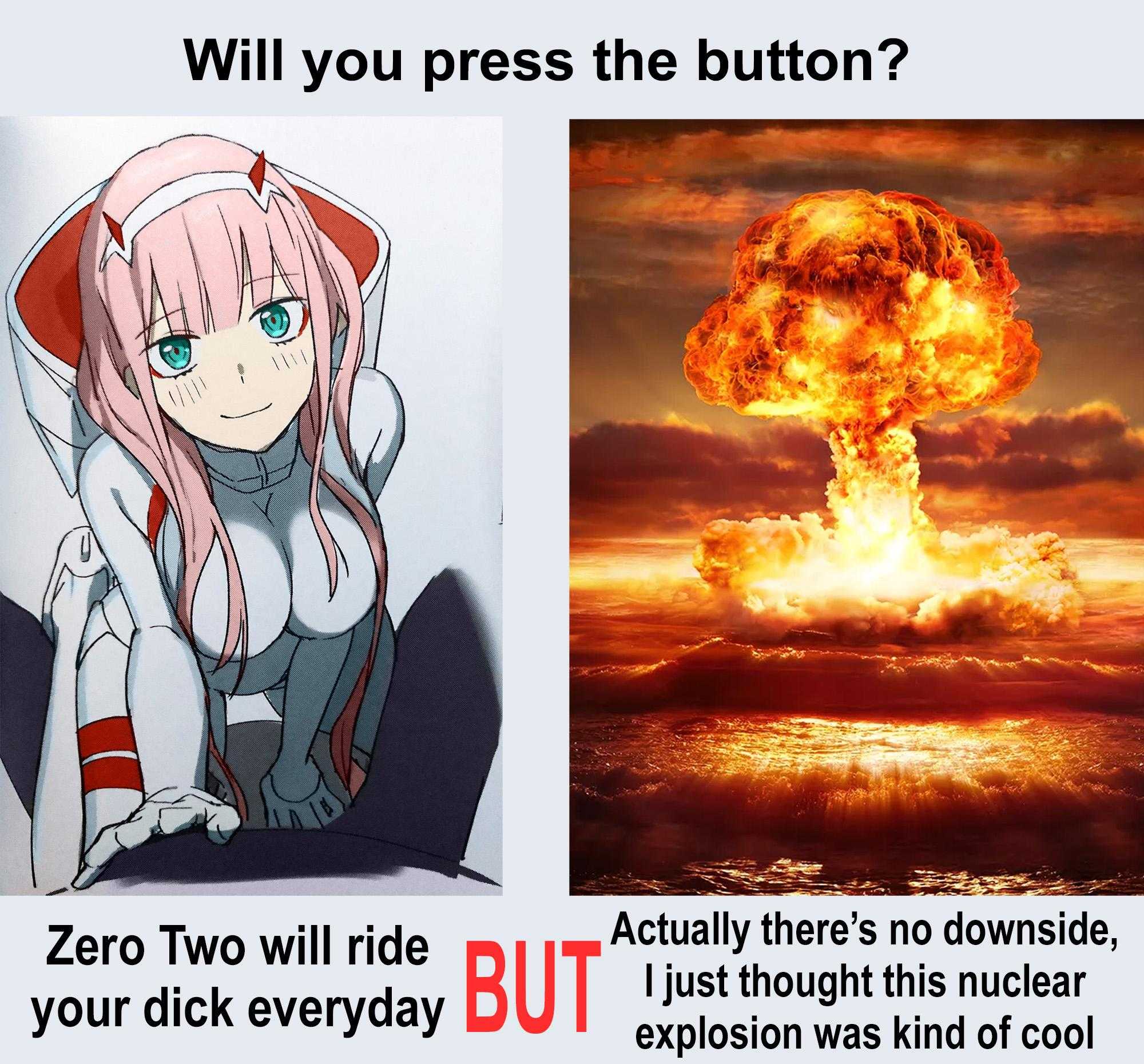 anime meme of a woman with a nuclear explosion in the background