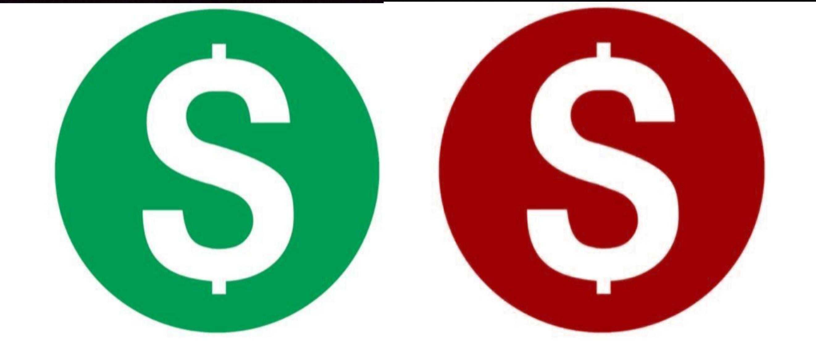 a close up of two green and red oval signs with a dollar sign