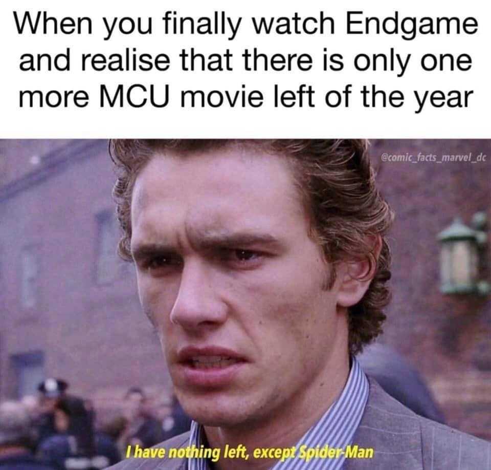 image of a man in a suit and tie with a caption that reads, when you finally watch engane and realise that there is only one more mcu movie left of the year