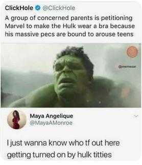 a screenshot of a twee with a hulk face and a caption of a woman