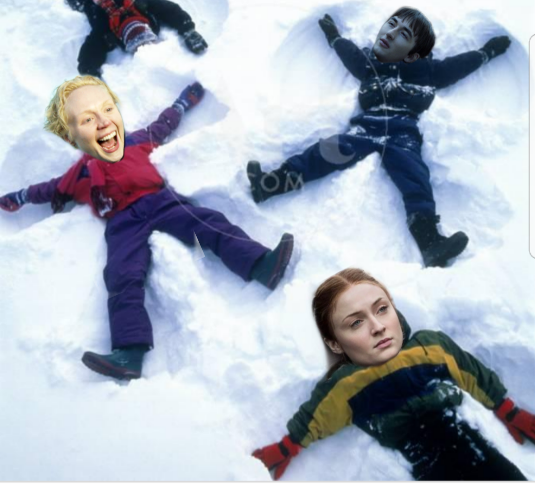 there are four children laying in the snow making a snow angel