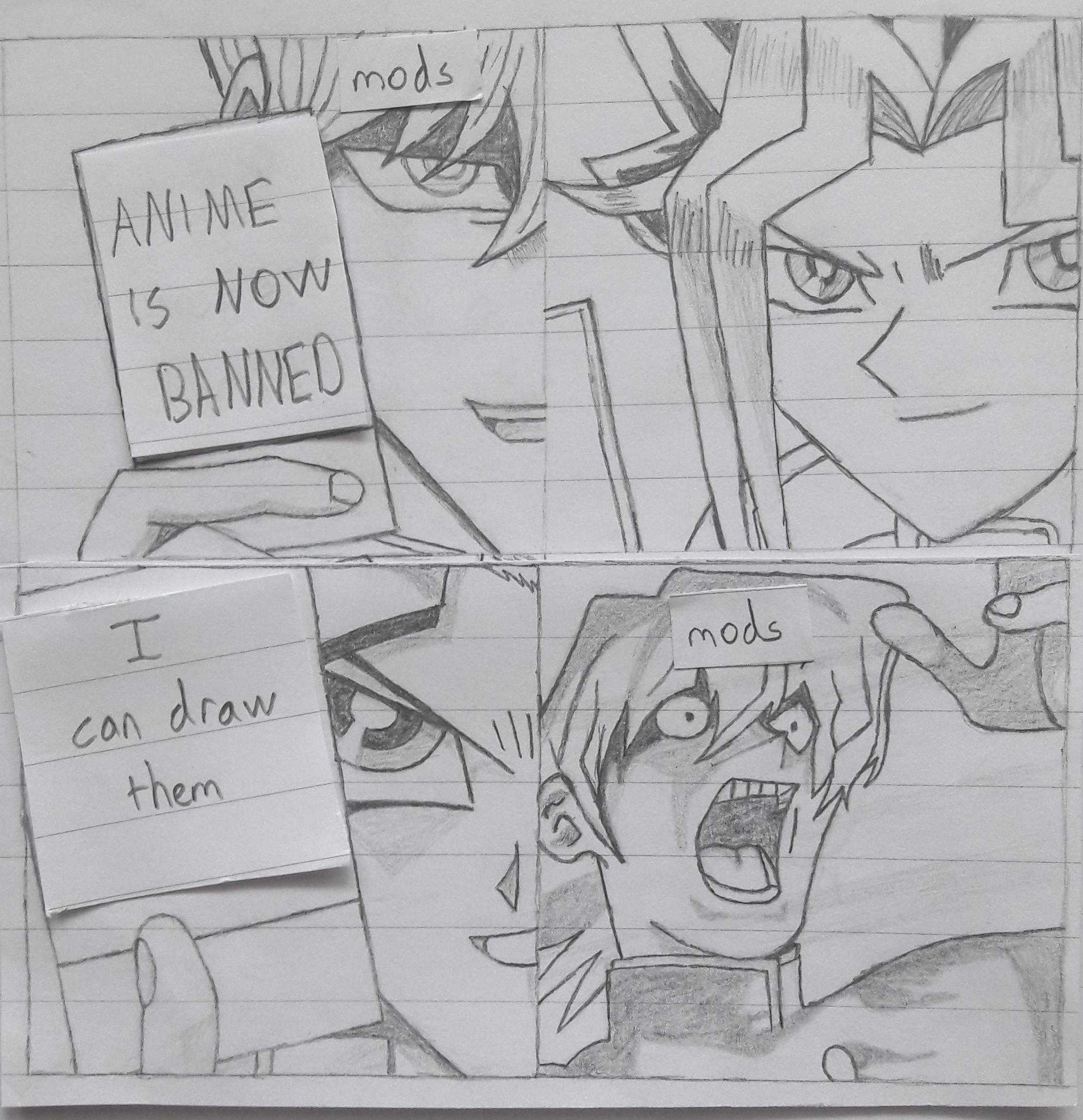 sketches of a cartoon character with a sign that says anime is now banned