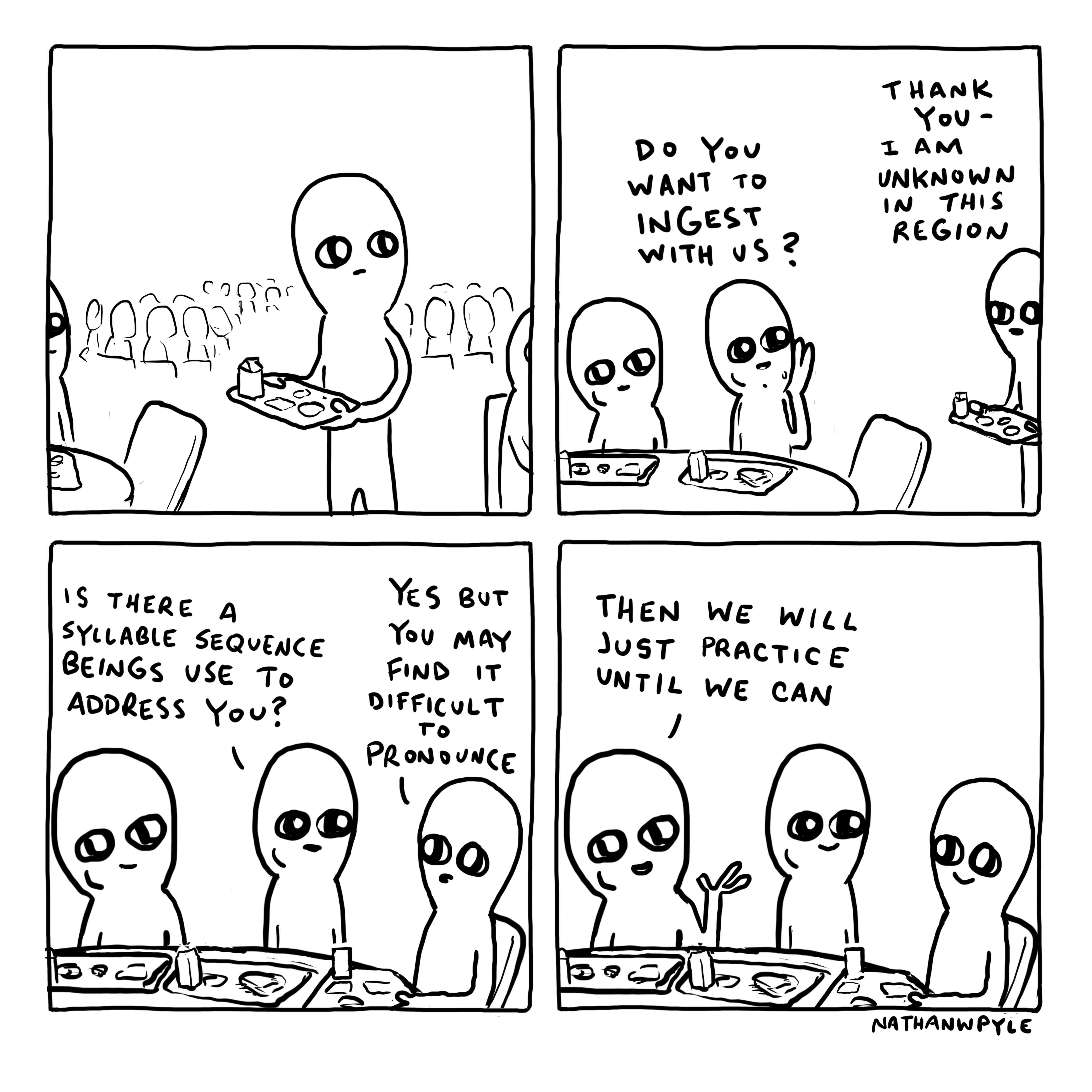 a comic strip with a cartoon of aliens eating food