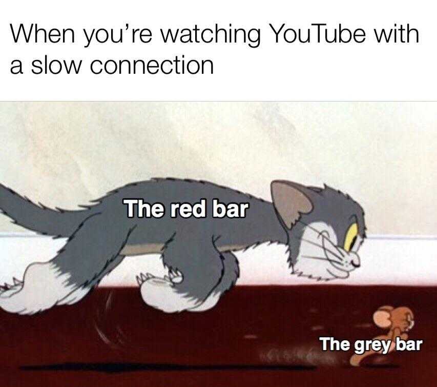 cartoon cat running on the floor with caption saying, when you ' re watching youtube with a slow connection