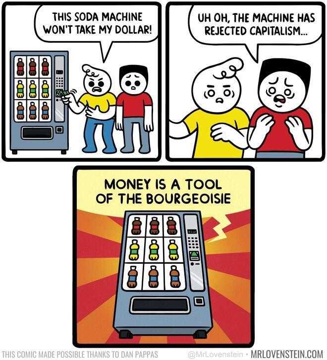 a cartoon of a vending machine with a man talking to another man