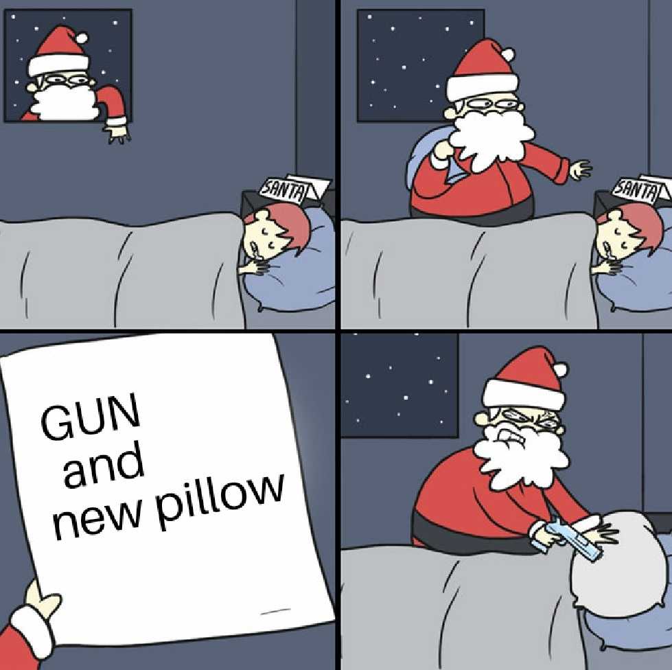 a cartoon of santa claus holding a gun and a pillow