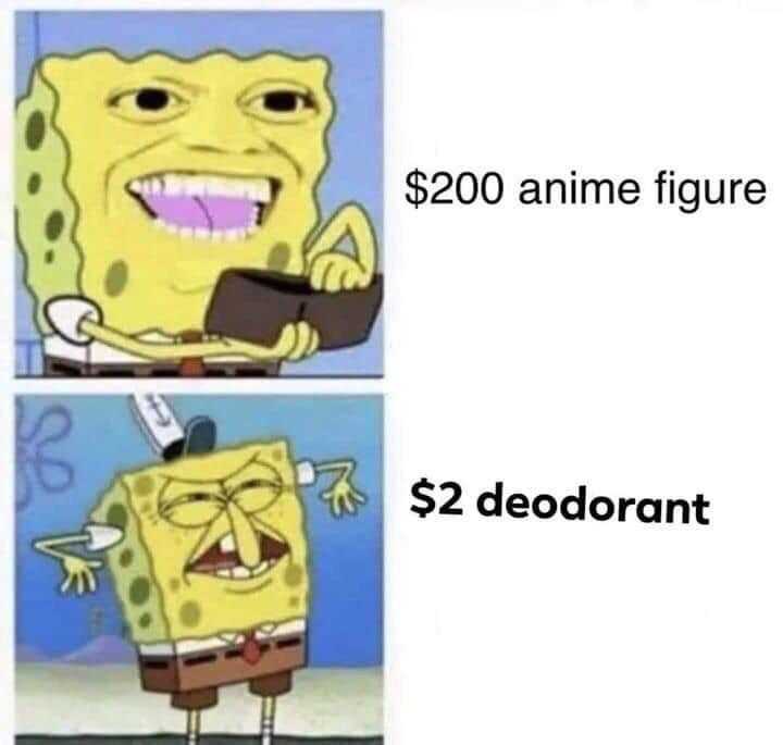 cartoon of a spongebob with a phone and a caption saying, $ 20 anime figure $ 2