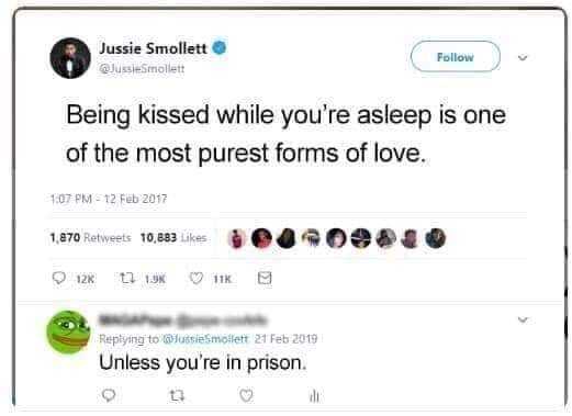 a tweet with a picture of a person on it saying being kissed while you ' re asleep is