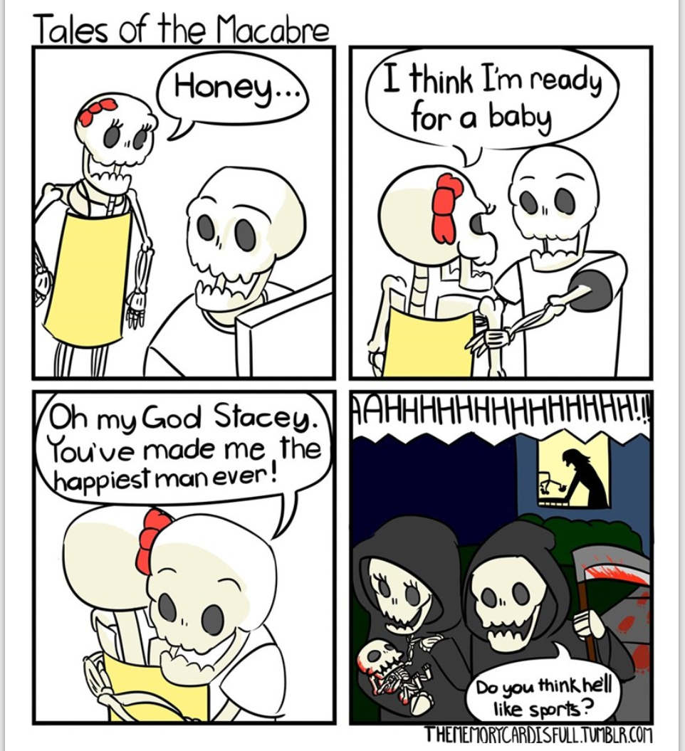 a cartoon of a couple of skeletons talking to each other