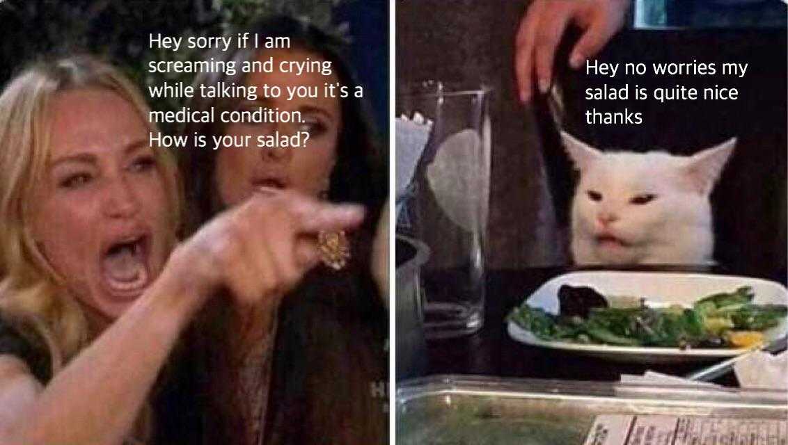 two pictures of a woman pointing at a cat with a plate of food