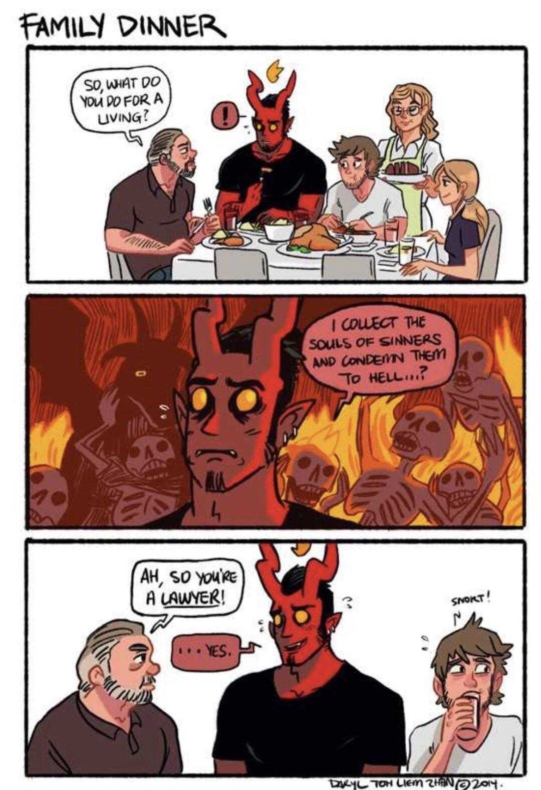 a comic strip with a cartoon of a devil and a family dinner