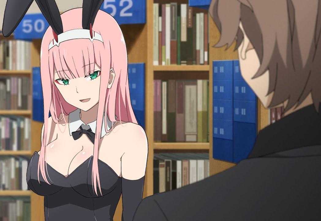 anime girl with pink hair and bunny ears in a library