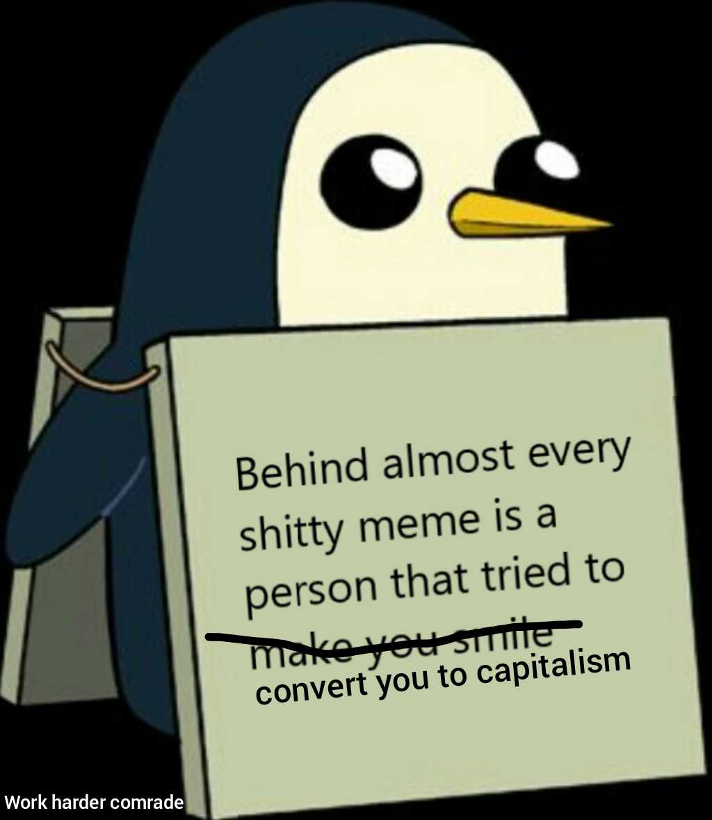 penguin holding a sign with caption saying behind it